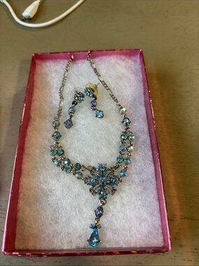 Blue Crystal Drop Necklace and Earrings Set